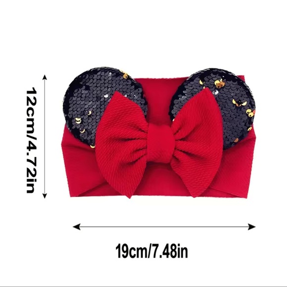Disney Mickey Mouse Sequin Ears Red waffle wide Headband bow NWOT! - Picture 2 of 4